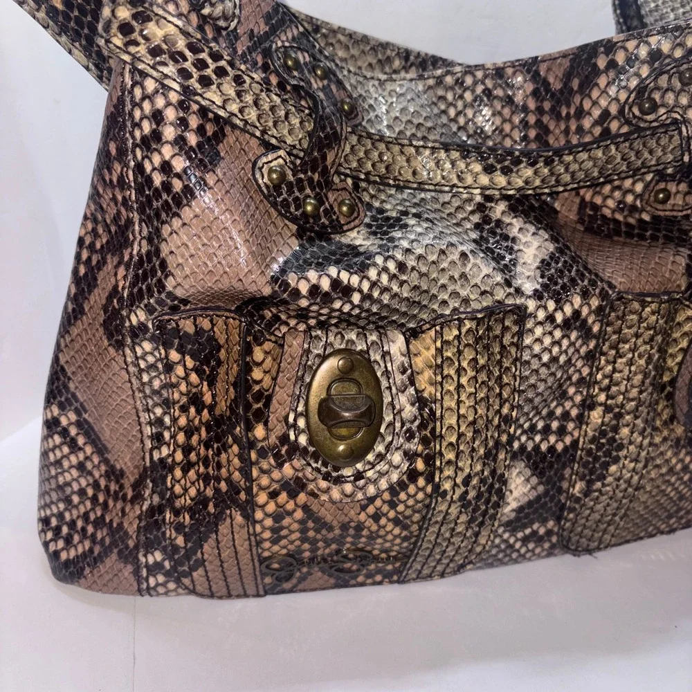 Y2K Hobo Bag Womens Large Brown Snakeskin Print Studded Jessica Simpson